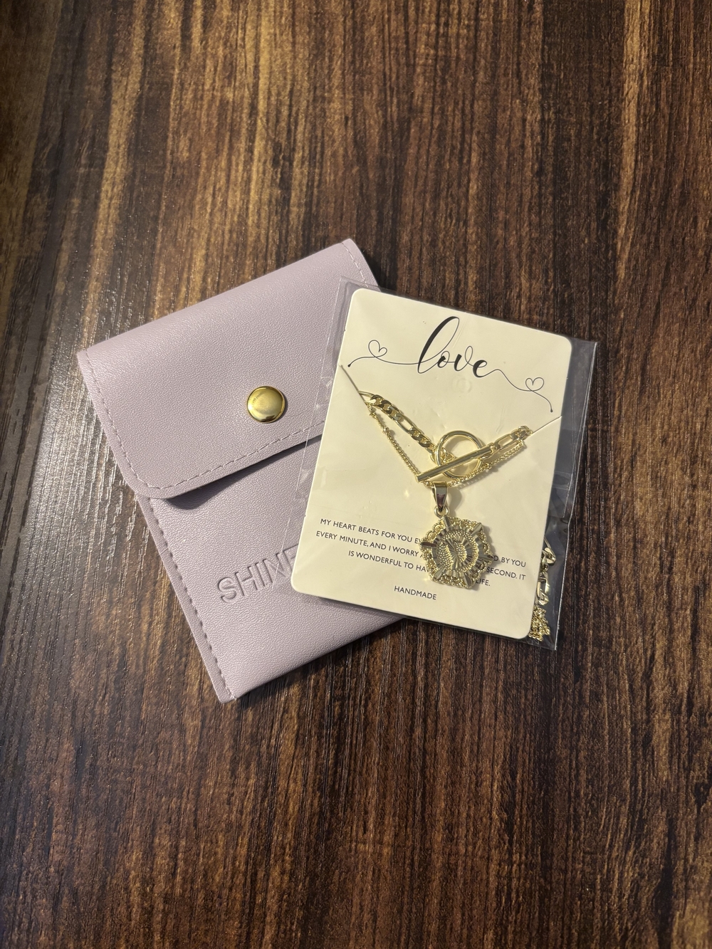 Lavender Jewelry Travel Pouch with Gold Pendant Necklace